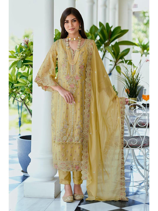 Luna Yellow Embroidered Kurta with Pant and Dupatta (Set of 3)