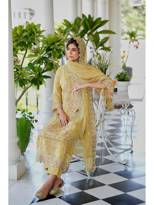 Luna Yellow Embroidered Kurta with Pant and Dupatta (Set of 3)