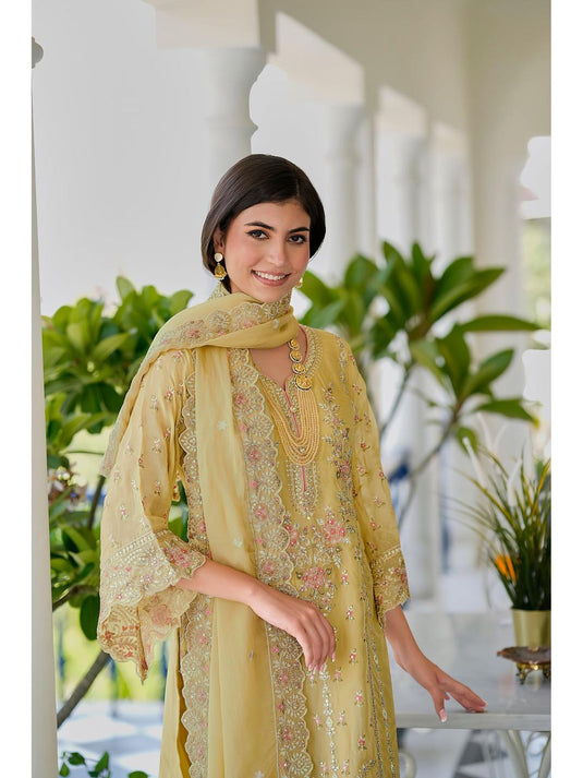 Luna Yellow Embroidered Kurta with Pant and Dupatta (Set of 3)