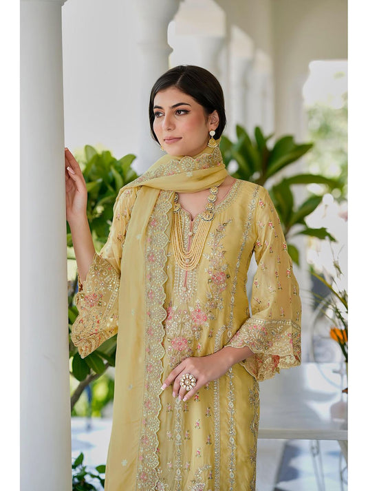 Luna Yellow Embroidered Kurta with Pant and Dupatta (Set of 3)