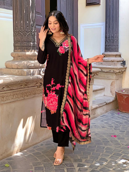 Rayon Big Floral Printed Embellished Black Kurta Pant & Abstract Dupatta (Set of 3)