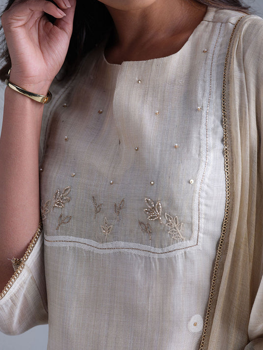 Fog Beige Woven Kurta and Contrast Dupatta with Hand Work Detailing (Set of 3)