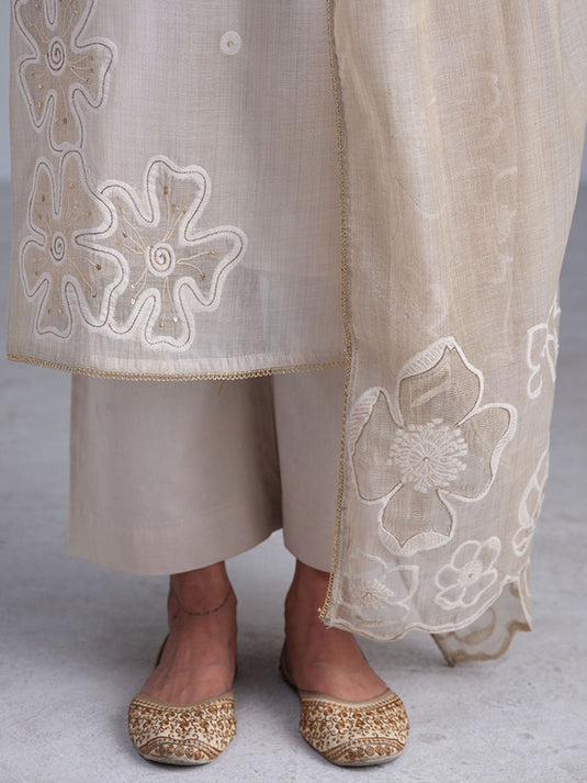 Fog Beige Woven Kurta and Contrast Dupatta with Hand Work Detailing (Set of 3)