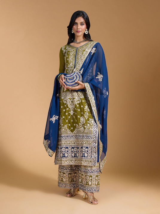 Georgette Heavy Embroidered Embellished Navy Blue Kurta and Pant with Dupatta (Set of 3)