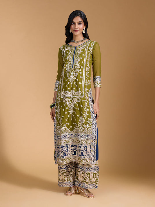 Georgette Heavy Embroidered Embellished Navy Blue Kurta and Pant with Dupatta (Set of 3)