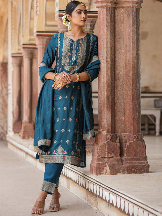 Ethnic Motifs Woven Design Regular Kurta With Trousers & Dupatta