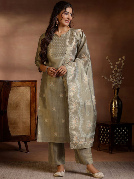 Taupe Floral Straight Lining Kurta with Pant & Dupatta (Set of 3)