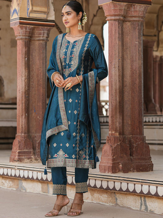 Ethnic Motifs Woven Design Regular Kurta With Trousers & Dupatta