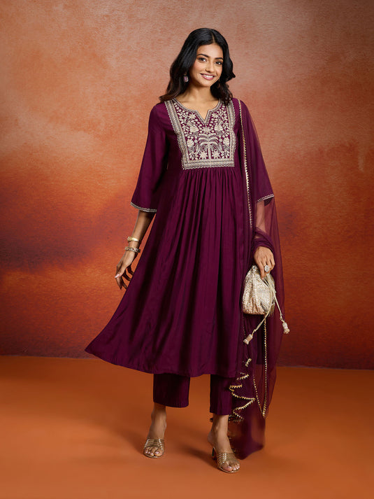 Pure Chanderi Embroidered A-line Kurta Set with Net Dupatta
