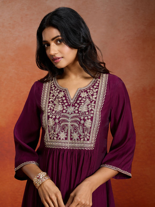 Pure Chanderi Embroidered A-line Kurta Set with Net Dupatta