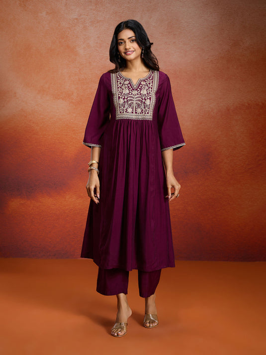 Pure Chanderi Embroidered A-line Kurta Set with Net Dupatta