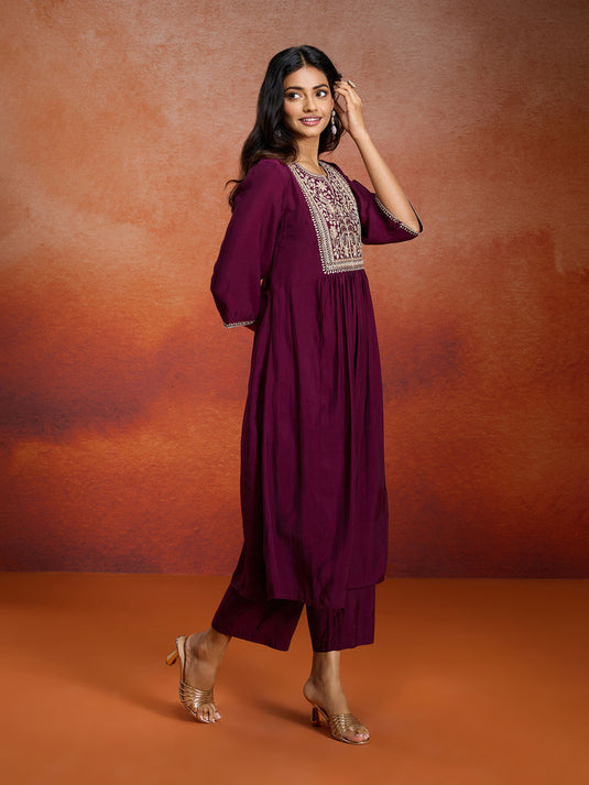 Pure Chanderi Embroidered A-line Kurta Set with Net Dupatta