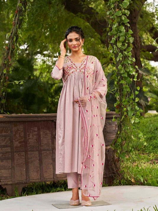 Mauve Embroidery Thread Work Alia Cut Kurta (Set of 3)