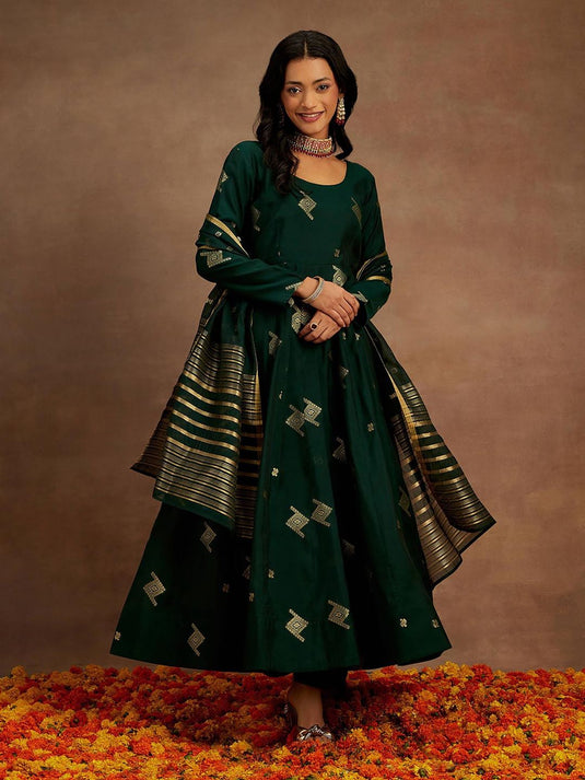 Green Chanderi Silk Woven Anarkali Kurta & Silk Blend Palazzo with Dupatta (Set of 3)