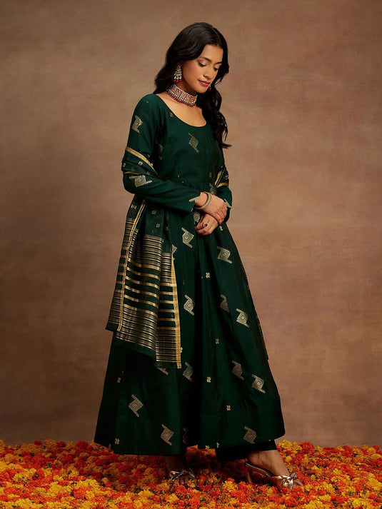 Green Chanderi Silk Woven Anarkali Kurta & Silk Blend Palazzo with Dupatta (Set of 3)