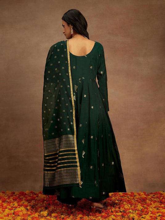 Green Chanderi Silk Woven Anarkali Kurta & Silk Blend Palazzo with Dupatta (Set of 3)
