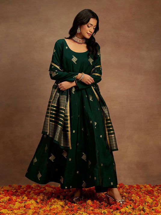 Green Chanderi Silk Woven Anarkali Kurta & Silk Blend Palazzo with Dupatta (Set of 3)