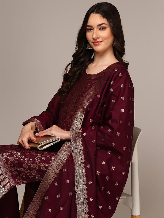 Maroon Poly Chanderi Ethnic Motifs Woven Design Kurta Pants with Dupatta (Set of 3)