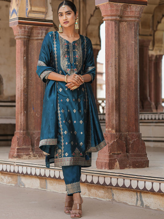 Ethnic Motifs Woven Design Regular Kurta With Trousers & Dupatta