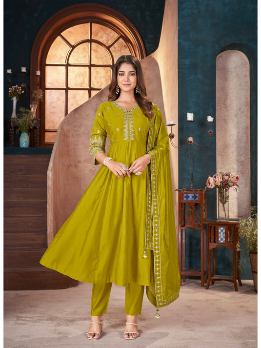Lime Green Embroidered Silk Anarkali Pant with Dupatta (Set of 3)