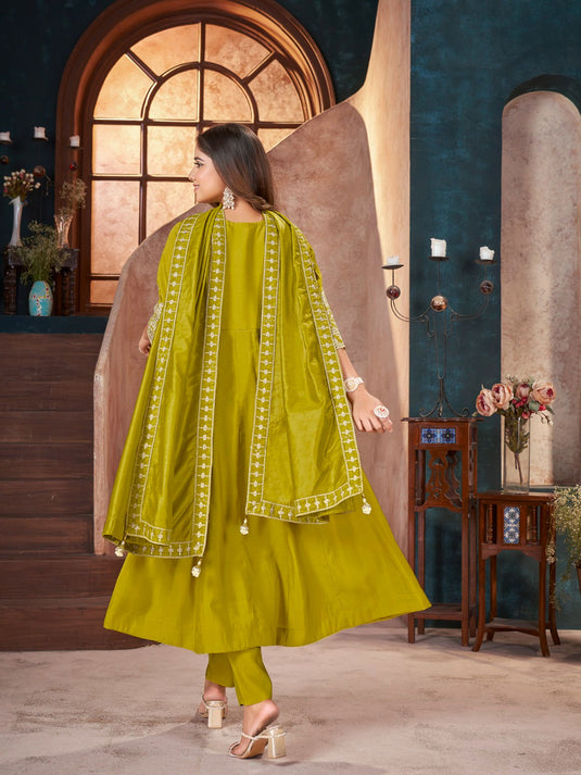 Lime Green Embroidered Silk Anarkali Pant with Dupatta (Set of 3)