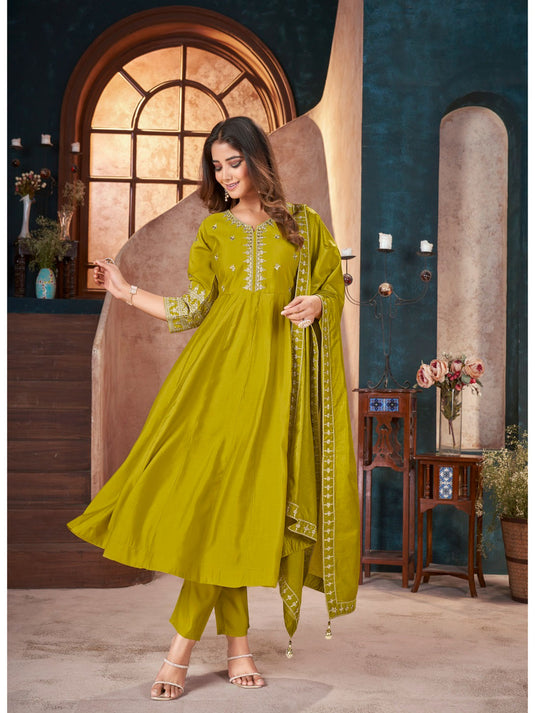 Lime Green Embroidered Silk Anarkali Pant with Dupatta (Set of 3)