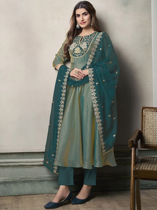 Women Floral Zari Sequinned A-Line Kurta Set with Embroidered Dupatta