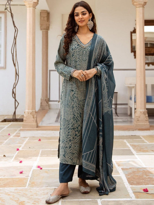 Ethnic Motifs Embroidered Regular Mirror Work Pure Cotton Straight Kurta Set