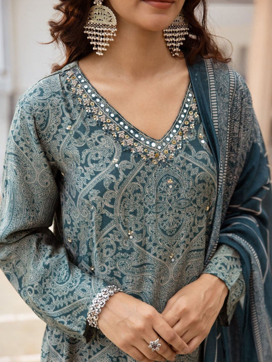 Ethnic Motifs Embroidered Regular Mirror Work Pure Cotton Straight Kurta Set