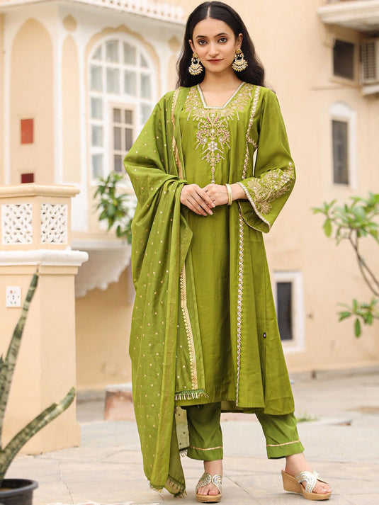 Floral Embroidered Square Neck A-Line Kurta with Trousers & With Dupatta