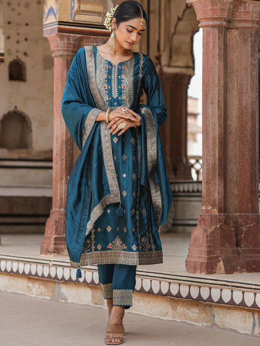 Ethnic Motifs Woven Design Regular Kurta With Trousers & Dupatta