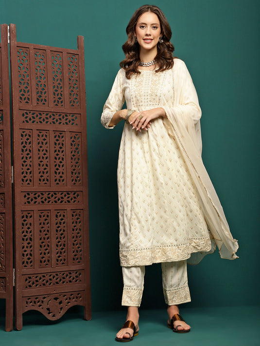 Viscose Yoke Embroidered Printed Cream Anarkali Pant & Chiffon Dupatta (Set of 3)