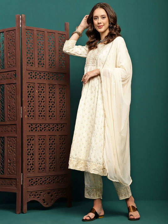 Viscose Yoke Embroidered Printed Cream Anarkali Pant & Chiffon Dupatta (Set of 3)