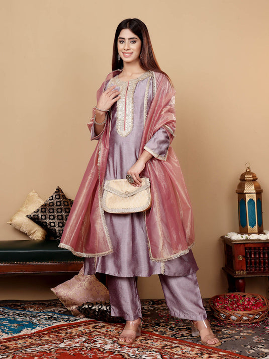 Lavender Zari Lace Embellished Anarkali Kurta with Pant and Dupatta (Set of 3)