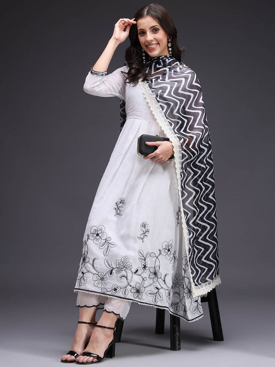 White Dobby Weaved Embroidered Flared Kurta with Printed Dupatta (Set of 3)