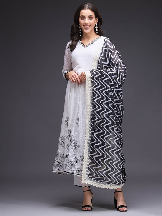 White Dobby Weaved Embroidered Flared Kurta with Printed Dupatta (Set of 3)
