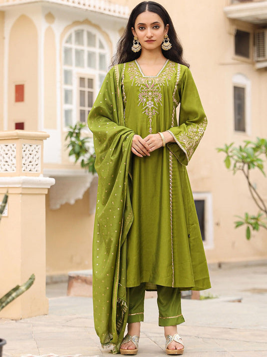 Floral Embroidered Square Neck A-Line Kurta with Trousers & With Dupatta